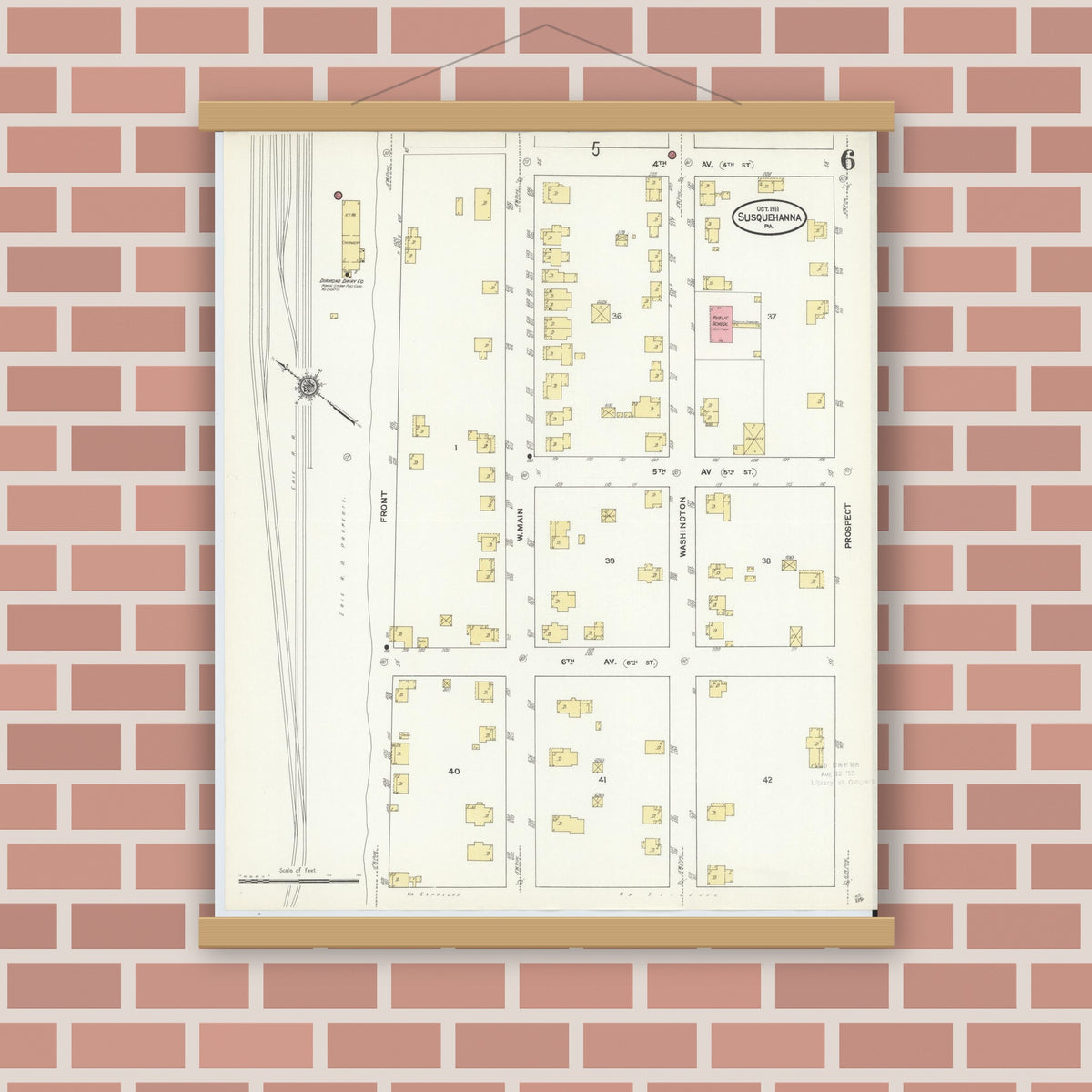Old map wall art mockup — magnetic wood frame on brick wall — Sanborn Fire Insurance Map from Susquehanna, Susquehanna County, Pennsylvania (1911), Sheet #0006