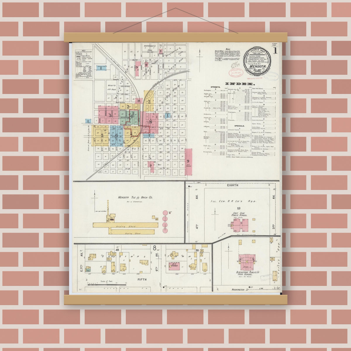 Old map wall art mockup — magnetic wood frame on brick wall — Sanborn Fire Insurance Map from Mendota, La Salle County, Illinois (1897) - Complete Map Set