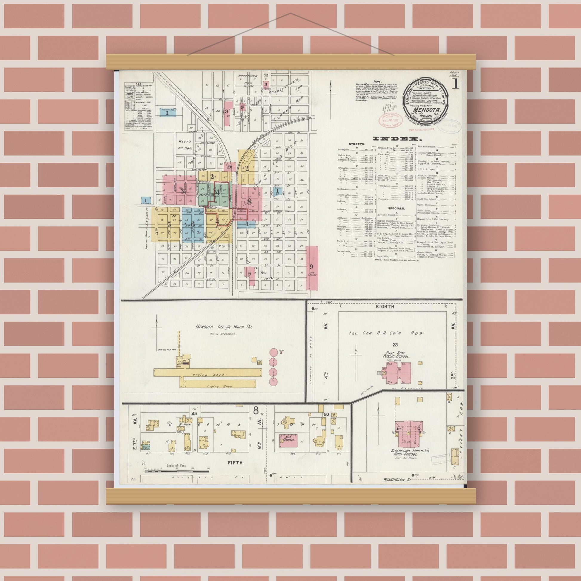 Old map wall art mockup — magnetic wood frame on brick wall — Sanborn Fire Insurance Map from Mendota, La Salle County, Illinois (1897) - Complete Map Set