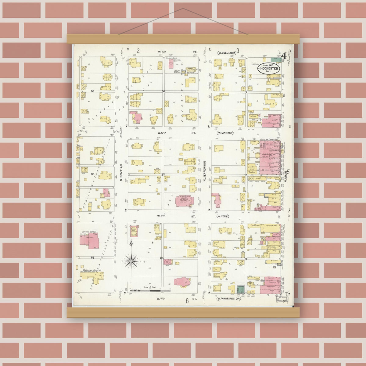 Old map wall art mockup — magnetic wood frame on brick wall — Sanborn Fire Insurance Map from Rochester, Fulton County, Indiana (1907), Sheet #0004