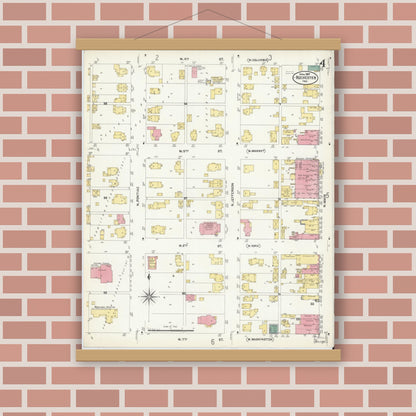Old map wall art mockup — magnetic wood frame on brick wall — Sanborn Fire Insurance Map from Rochester, Fulton County, Indiana (1907), Sheet #0004