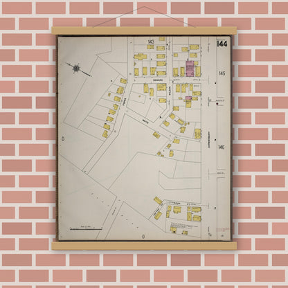Old map wall art mockup — magnetic wood frame on brick wall — Sanborn Fire Insurance Map from Worcester, Worcester County, Massachusetts (1910), Sheet #0144