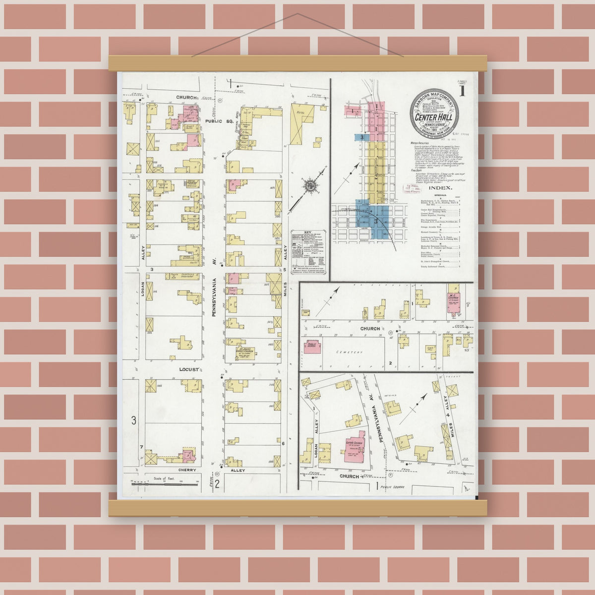 Old map wall art mockup — magnetic wood frame on brick wall — Sanborn Fire Insurance Map from Center Hall, Centre County, Pennsylvania (1911), Sheet #0001