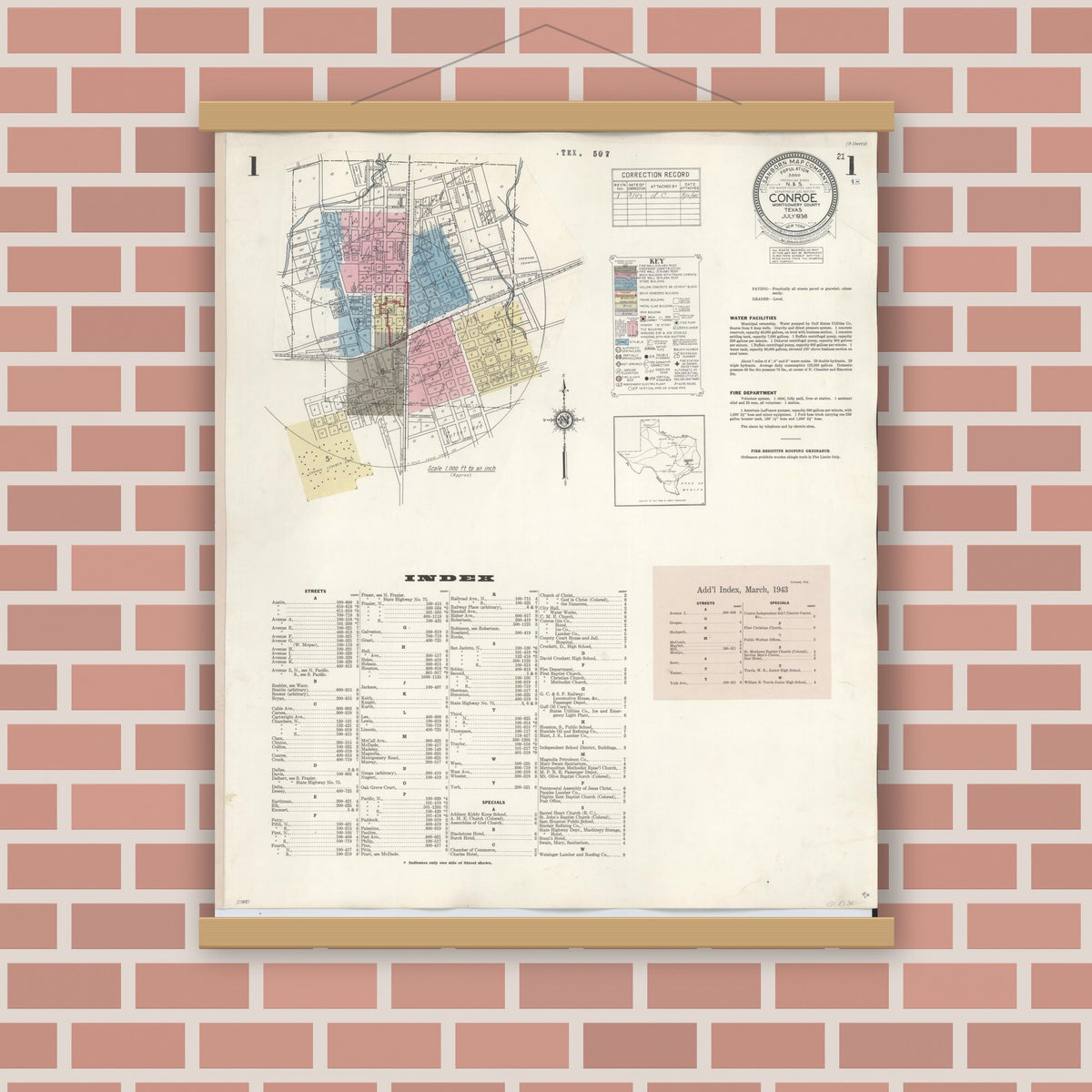 Old map wall art mockup — magnetic wood frame on brick wall — Sanborn Fire Insurance Map from Conroe, Montgomery County, Texas (1943), Sheet #0001