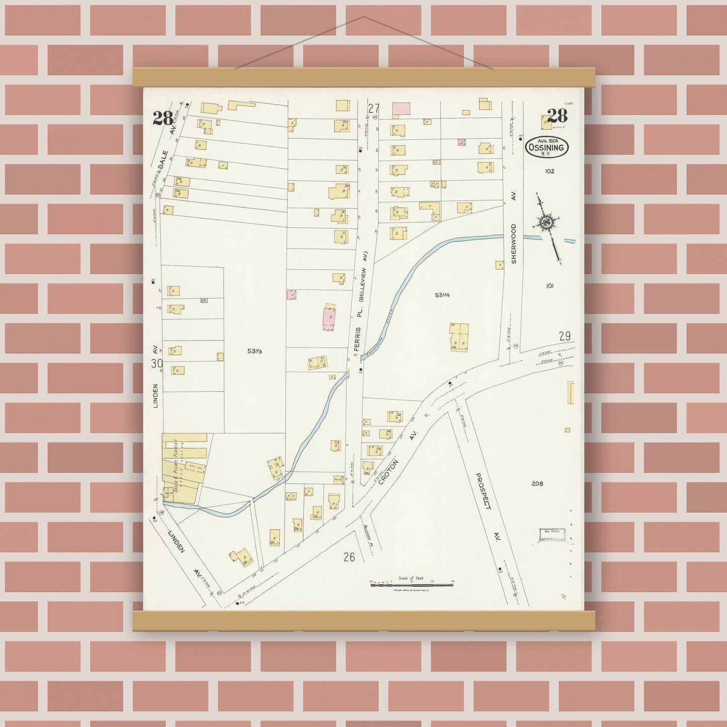 Old map wall art mockup — magnetic wood frame on brick wall — Sanborn Fire Insurance Map from Ossining, Westchester County, New York (1924), Sheet #0028