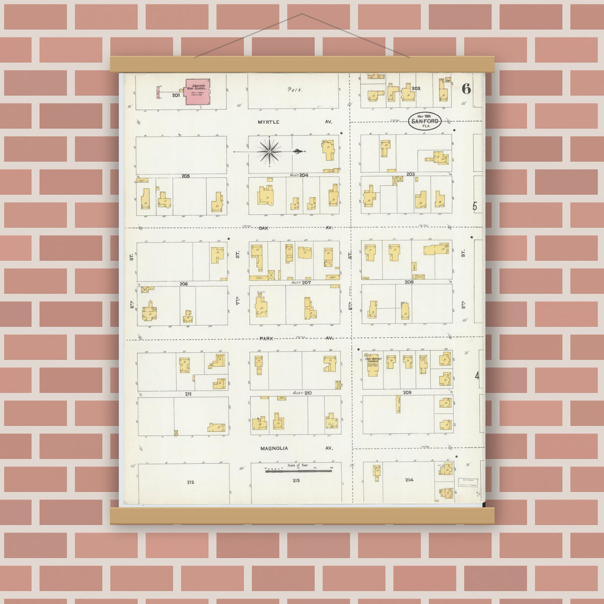 Old map wall art mockup — magnetic wood frame on brick wall — Sanborn Fire Insurance Map from Sanford, Seminole County, Florida (1906), Sheet #0006