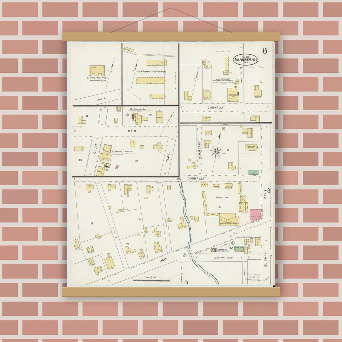 Old map wall art mockup — magnetic wood frame on brick wall — Sanborn Fire Insurance Map from Sulphur Springs, Hopkins County, Texas (1898), Sheet #0006