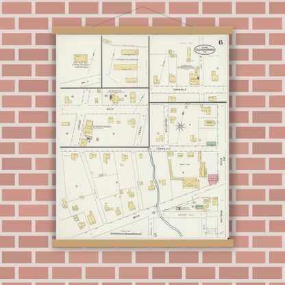 Old map wall art mockup — magnetic wood frame on brick wall — Sanborn Fire Insurance Map from Sulphur Springs, Hopkins County, Texas (1898), Sheet #0006
