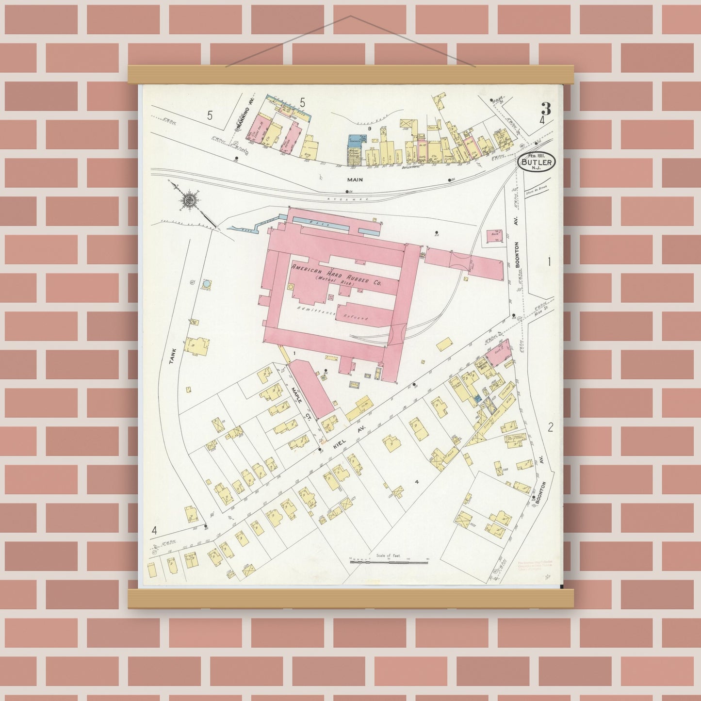 Old map wall art mockup — magnetic wood frame on brick wall — Sanborn Fire Insurance Map from Butler, Morris County, New Jersey (1911), Sheet #0003