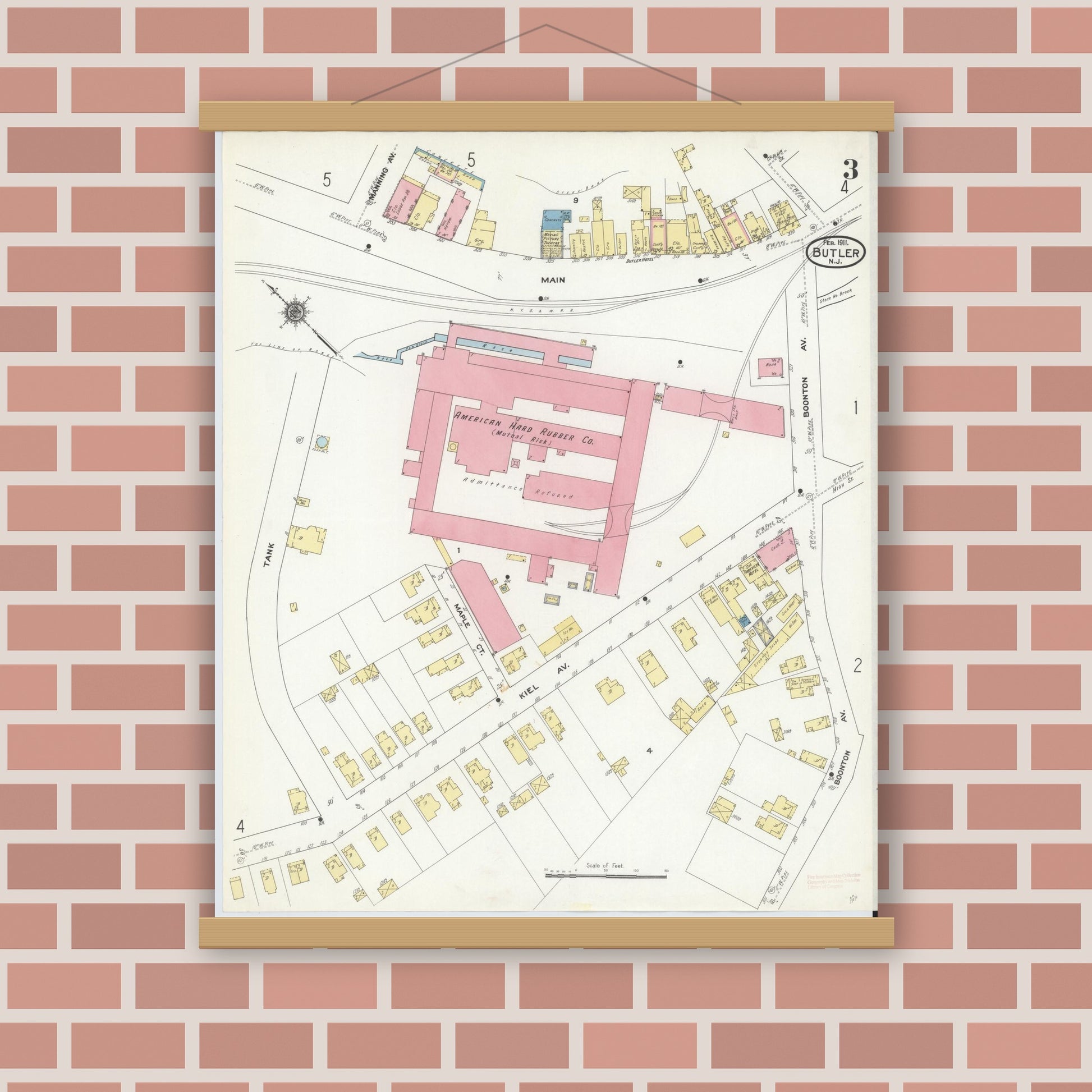 Old map wall art mockup — magnetic wood frame on brick wall — Sanborn Fire Insurance Map from Butler, Morris County, New Jersey (1911), Sheet #0003