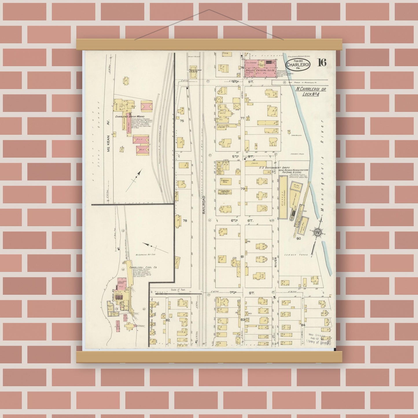 Old map wall art mockup — magnetic wood frame on brick wall — Sanborn Fire Insurance Map from Charleroi, Washington County, Pennsylvania (1913), Sheet #0016