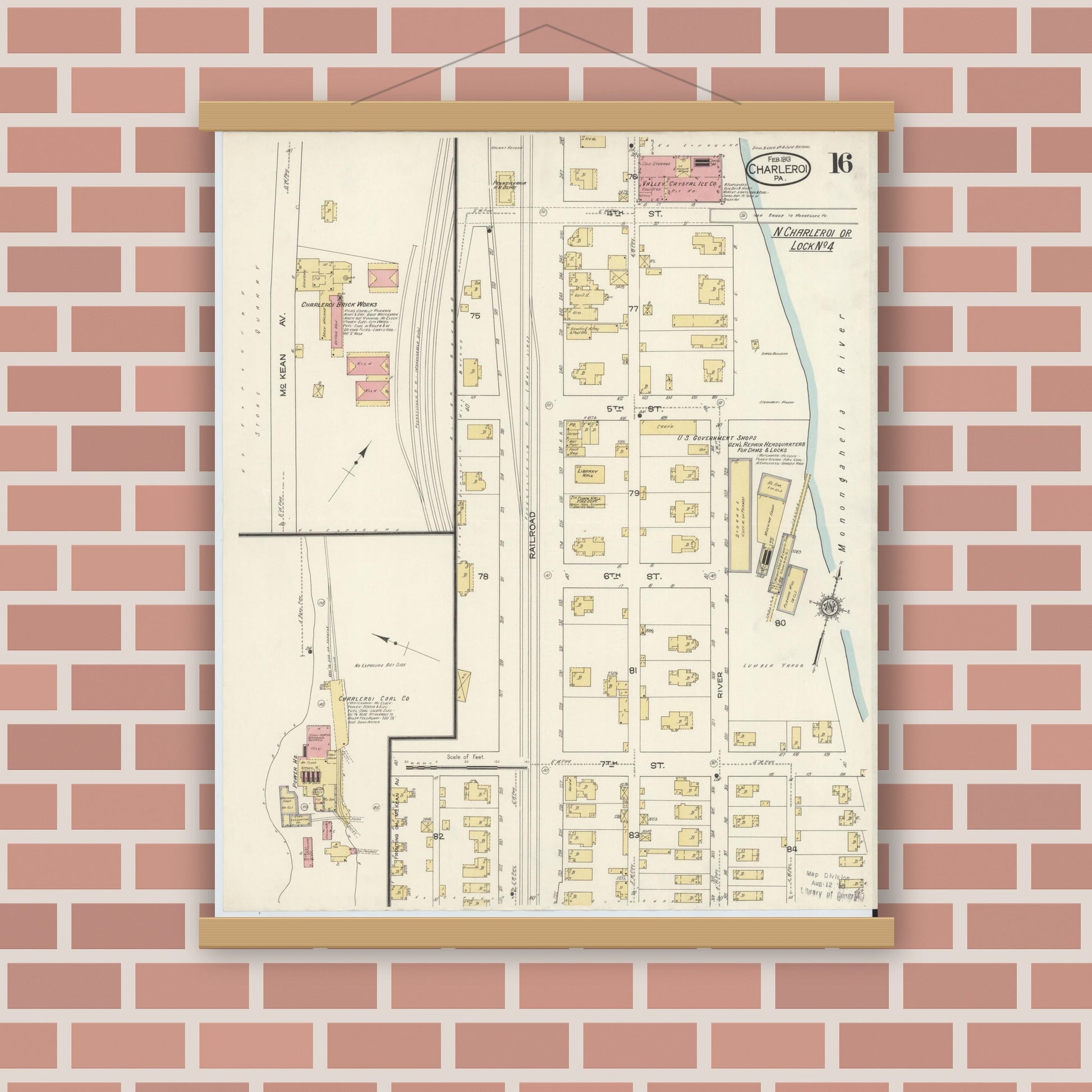 Old map wall art mockup — magnetic wood frame on brick wall — Sanborn Fire Insurance Map from Charleroi, Washington County, Pennsylvania (1913), Sheet #0016