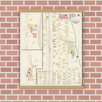 Old map wall art mockup — magnetic wood frame on brick wall — Sanborn Fire Insurance Map from Charleroi, Washington County, Pennsylvania (1913), Sheet #0016