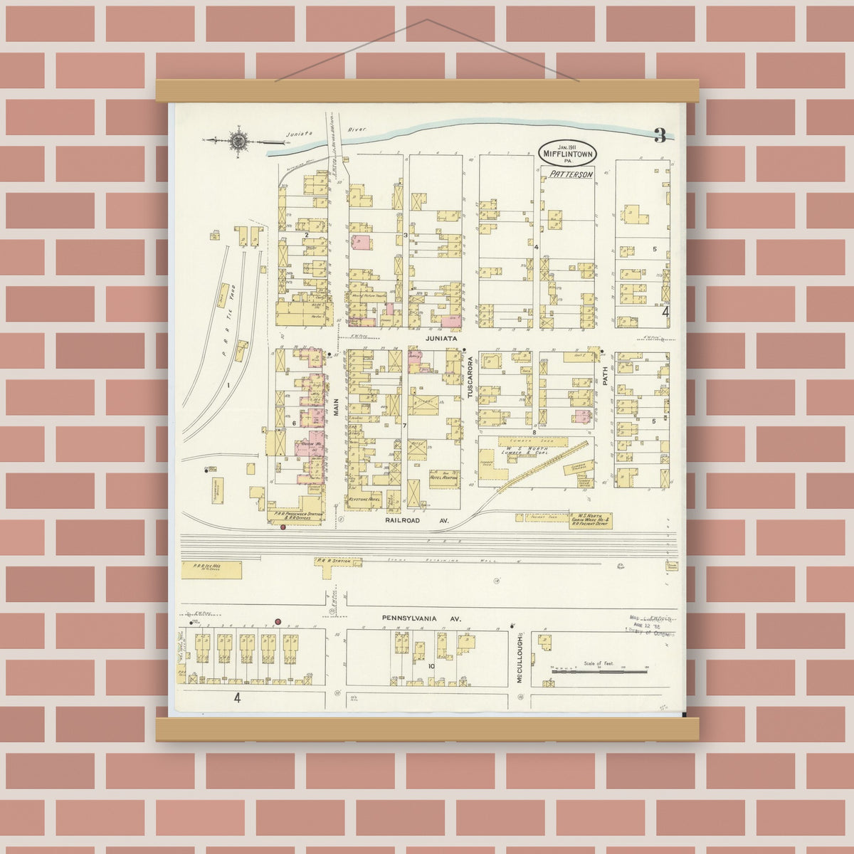 Old map wall art mockup — magnetic wood frame on brick wall — Sanborn Fire Insurance Map from Mifflintown, Juniata County, Pennsylvania (1911), Sheet #0003