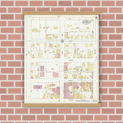 Old map wall art mockup — magnetic wood frame on brick wall — Sanborn Fire Insurance Map from New Harmony, Posey County, Indiana (1907), Sheet #0003