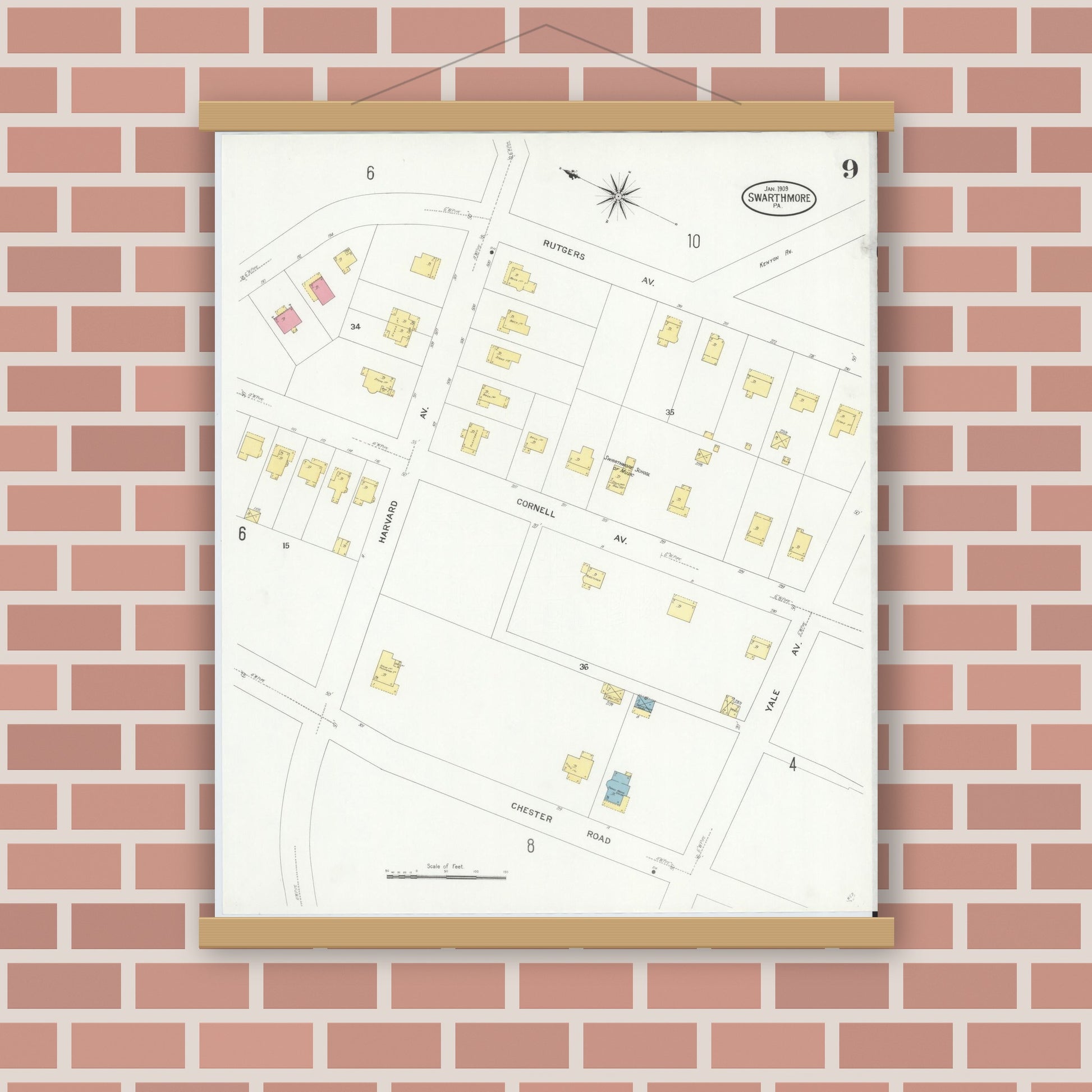 Old map wall art mockup — magnetic wood frame on brick wall — Sanborn Fire Insurance Map from Swarthmore, Delaware County, Pennsylvania (1909), Sheet #0009