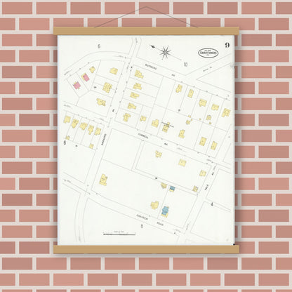 Old map wall art mockup — magnetic wood frame on brick wall — Sanborn Fire Insurance Map from Swarthmore, Delaware County, Pennsylvania (1909), Sheet #0009