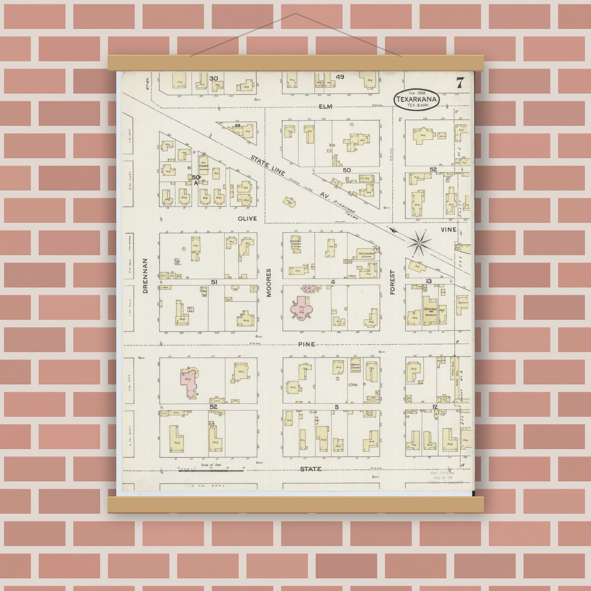 Old map wall art mockup — magnetic wood frame on brick wall — Sanborn Fire Insurance Map from Texarkana, Bowie County, Texas (1888), Sheet #0007