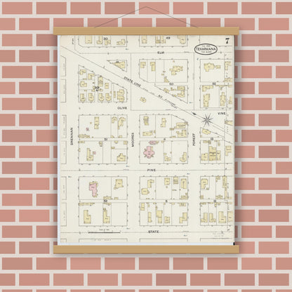 Old map wall art mockup — magnetic wood frame on brick wall — Sanborn Fire Insurance Map from Texarkana, Bowie County, Texas (1888), Sheet #0007