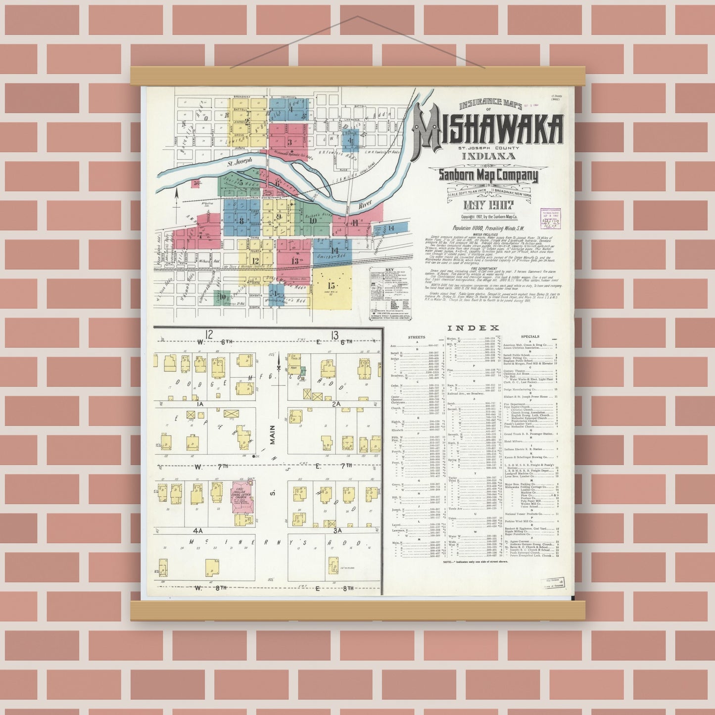 Old map wall art mockup — magnetic wood frame on brick wall — Sanborn Fire Insurance Map from Mishawaka, Saint Joseph County, Indiana (1907) - Complete Map Set