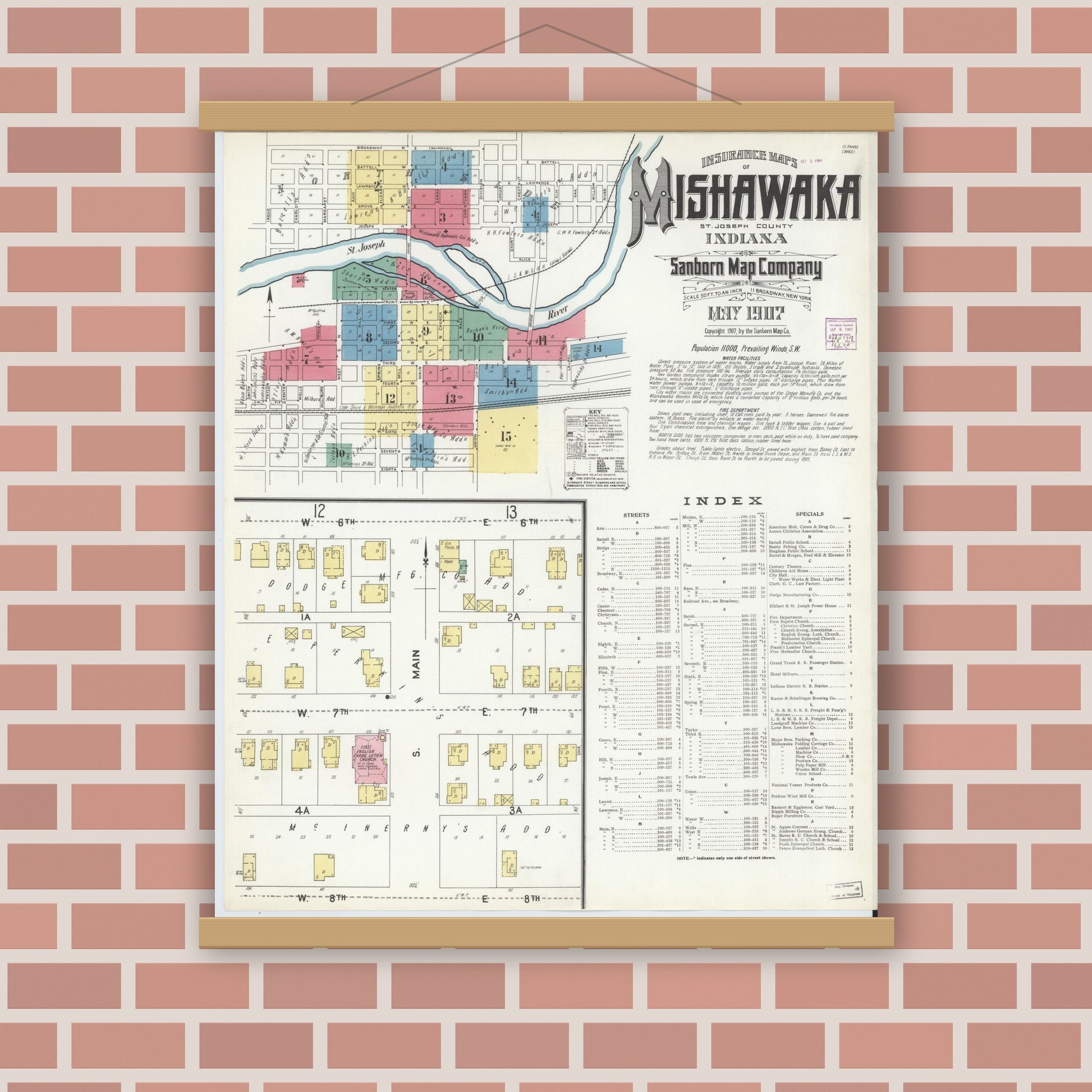 Old map wall art mockup — magnetic wood frame on brick wall — Sanborn Fire Insurance Map from Mishawaka, Saint Joseph County, Indiana (1907) - Complete Map Set