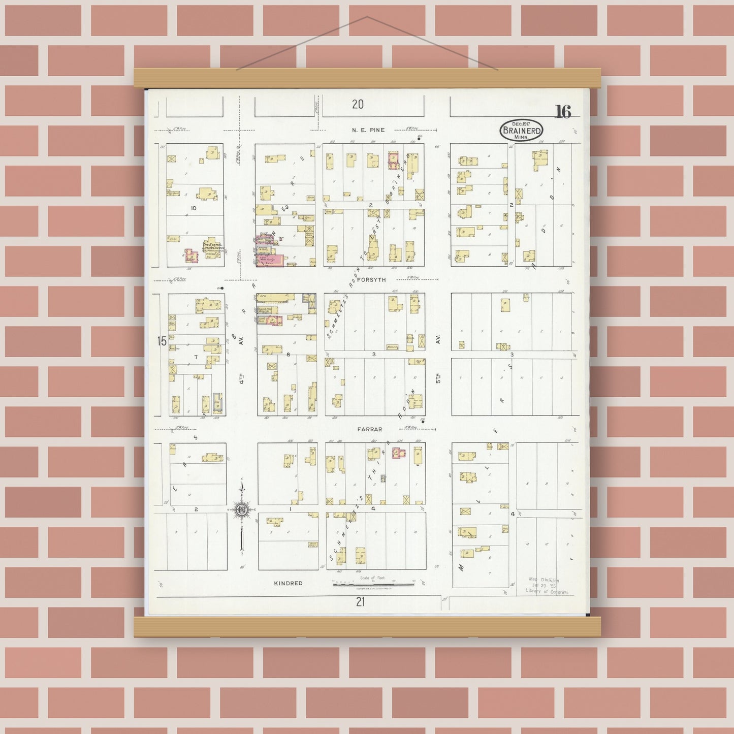 Old map wall art mockup — magnetic wood frame on brick wall — Sanborn Fire Insurance Map from Brainerd, Crow Wing County, Minnesota (1917), Sheet #0016