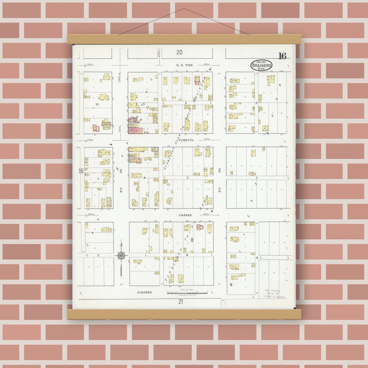 Old map wall art mockup — magnetic wood frame on brick wall — Sanborn Fire Insurance Map from Brainerd, Crow Wing County, Minnesota (1917), Sheet #0016