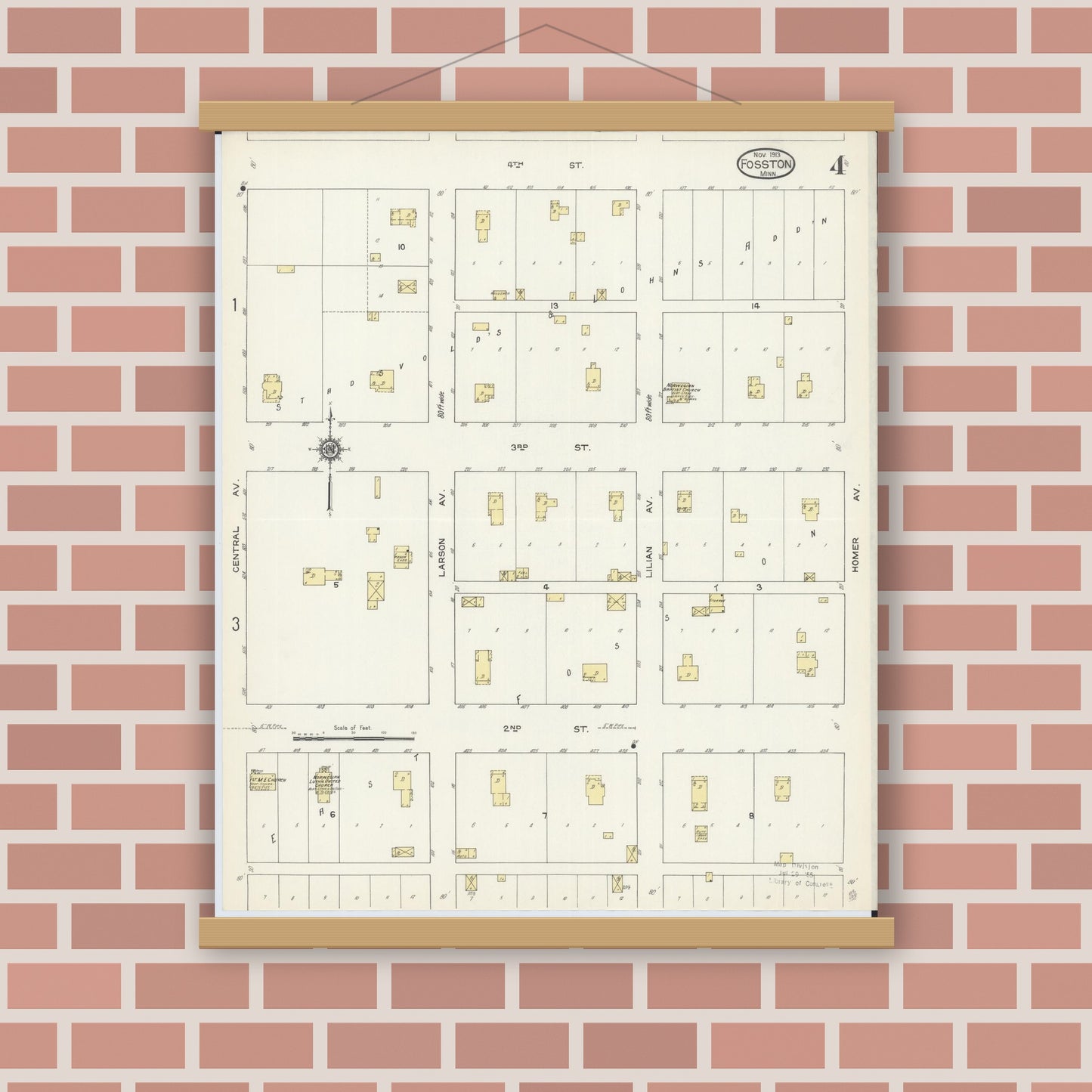 Old map wall art mockup — magnetic wood frame on brick wall — Sanborn Fire Insurance Map from Fosston, Polk County, Minnesota (1913), Sheet #0004
