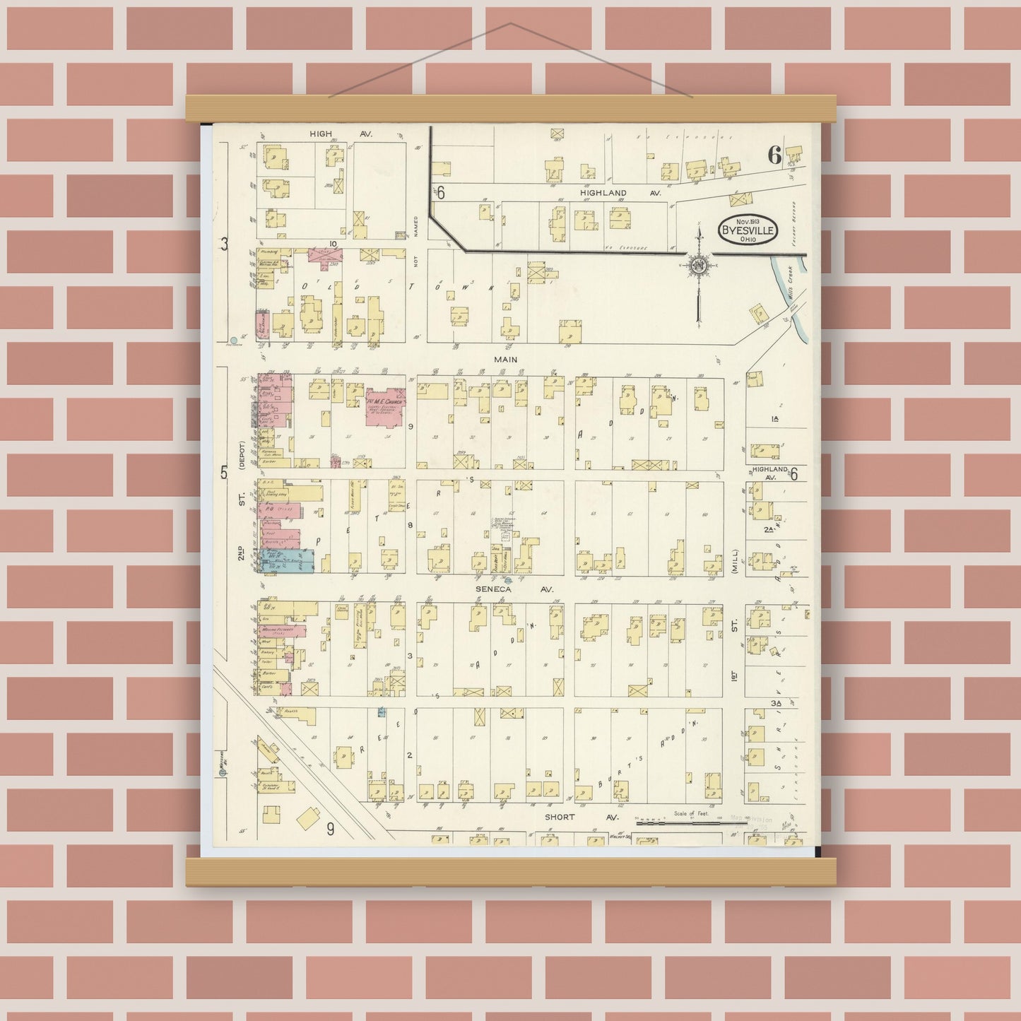 Old map wall art mockup — magnetic wood frame on brick wall — Sanborn Fire Insurance Map from Byesville, Guernsey County, Ohio (1913), Sheet #0006