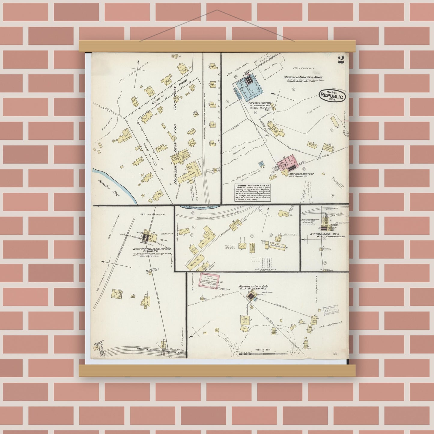 Old map wall art mockup — magnetic wood frame on brick wall — Sanborn Fire Insurance Map from Republic, Marquette County, Michigan (1884), Sheet #0002