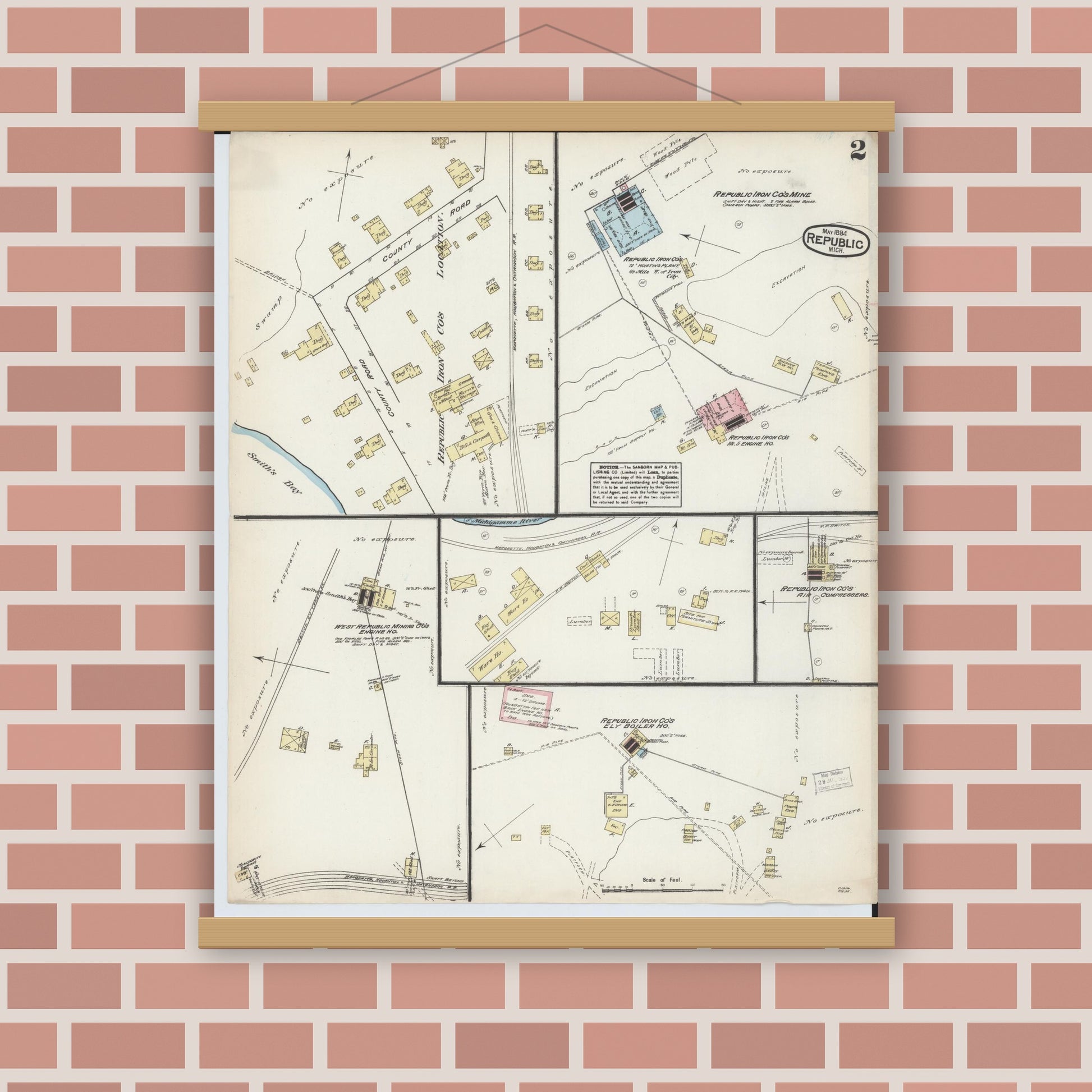 Old map wall art mockup — magnetic wood frame on brick wall — Sanborn Fire Insurance Map from Republic, Marquette County, Michigan (1884), Sheet #0002