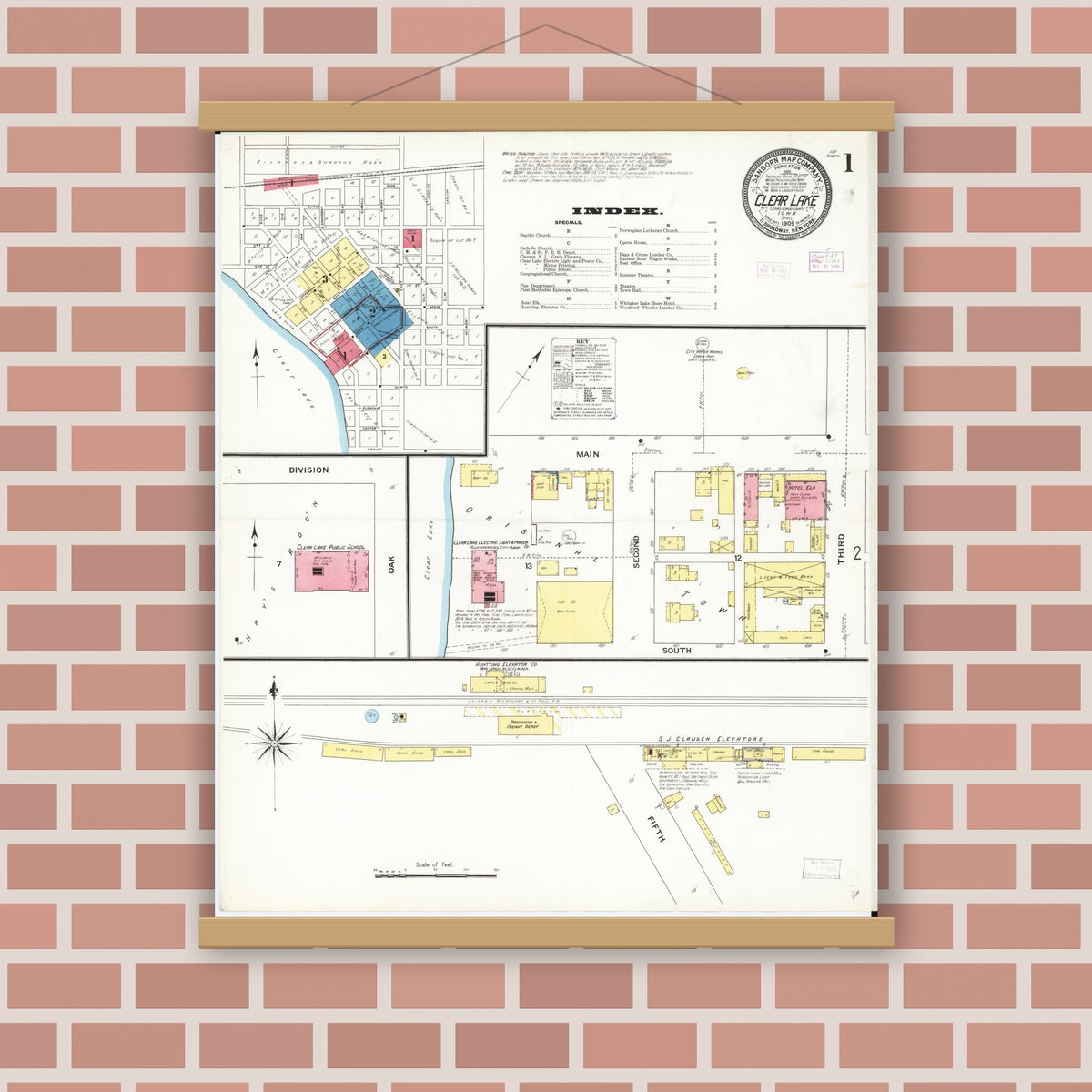 Old map wall art mockup — magnetic wood frame on brick wall — Sanborn Fire Insurance Map from Clear Lake, Cerro Gordo County, Iowa (1909) â€” Complete Set