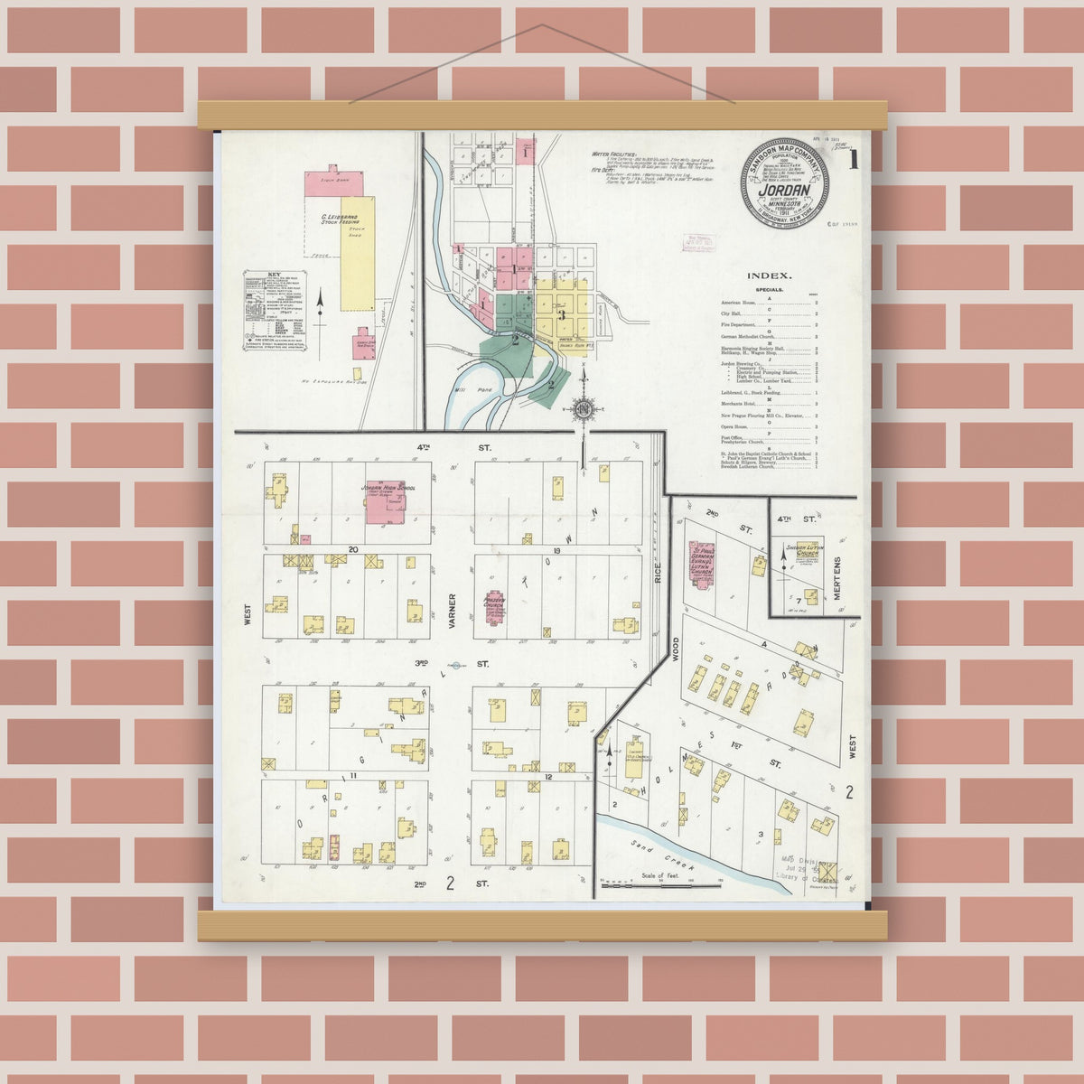 Old map wall art mockup — magnetic wood frame on brick wall — Sanborn Fire Insurance Map from Jordan, Scott County, Minnesota (1911) - Complete Map Set