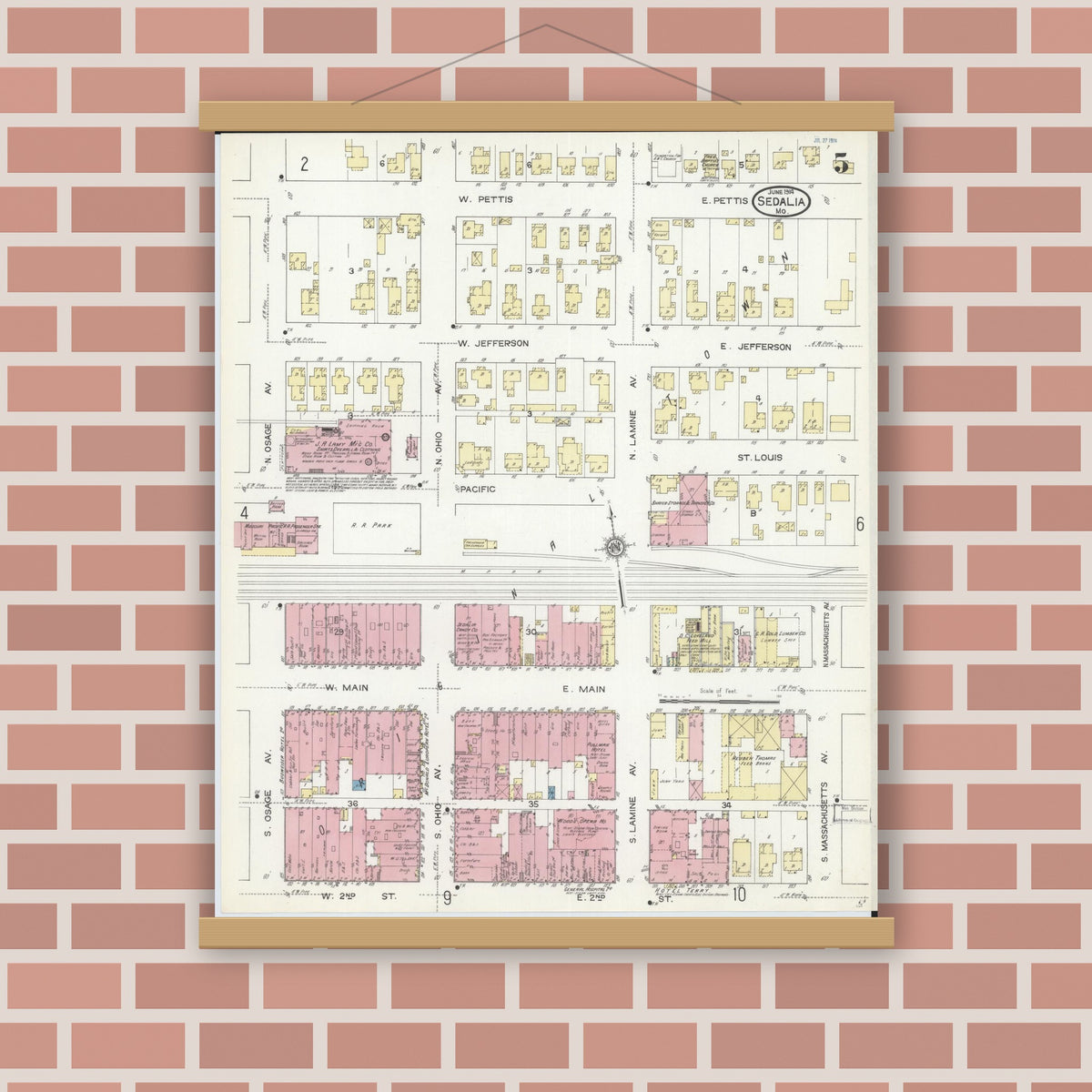 Old map wall art mockup — magnetic wood frame on brick wall — Sanborn Fire Insurance Map from Sedalia, Pettis County, Missouri (1914), Sheet #0005