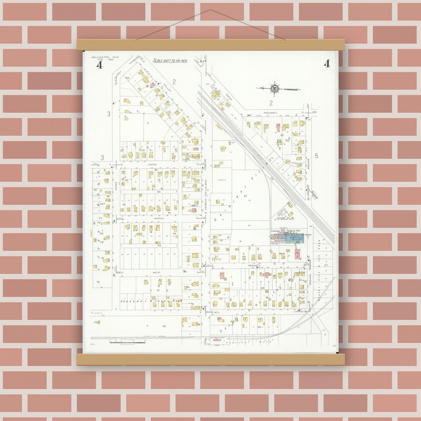 Old map wall art mockup — magnetic wood frame on brick wall — Sanborn Fire Insurance Map from Wellington, Lorain County, Ohio (1933), Sheet #0004