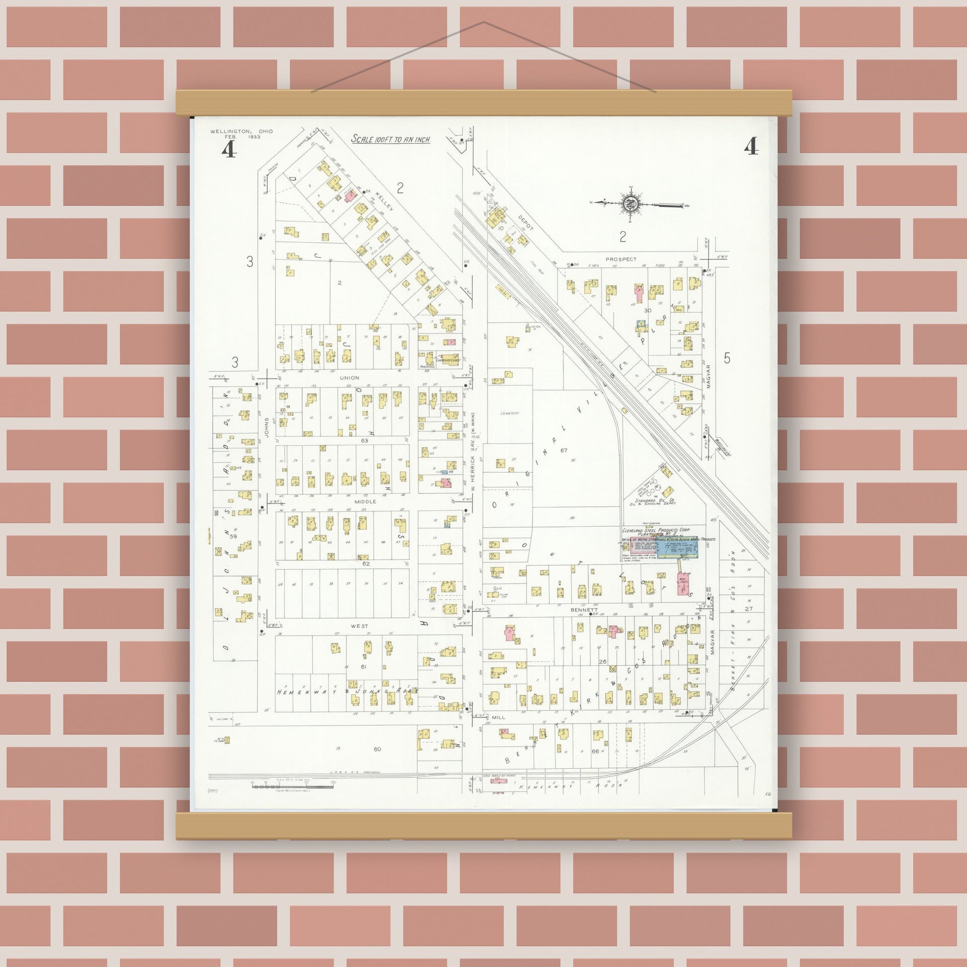 Old map wall art mockup — magnetic wood frame on brick wall — Sanborn Fire Insurance Map from Wellington, Lorain County, Ohio (1933), Sheet #0004