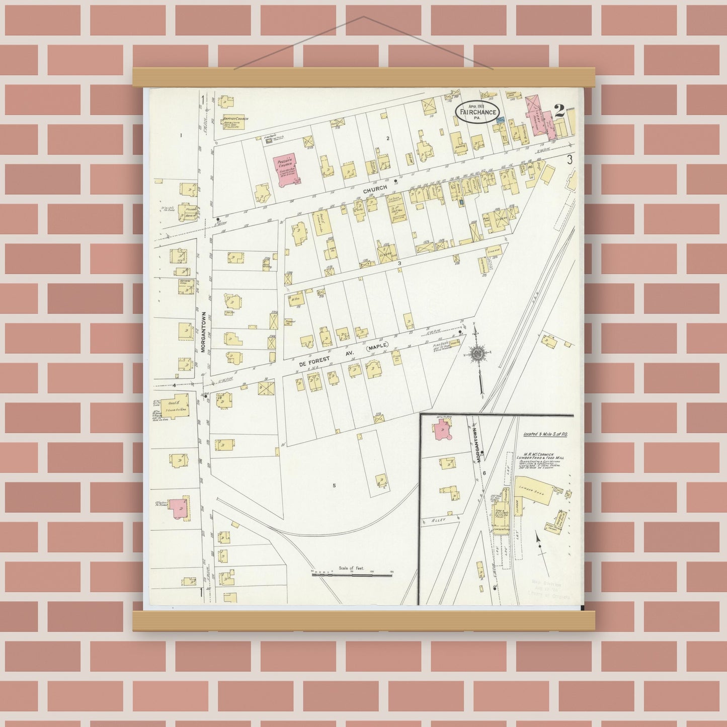 Old map wall art mockup — magnetic wood frame on brick wall — Sanborn Fire Insurance Map from Fairchange, Fayette County, Pennsylvania (1911), Sheet #0002