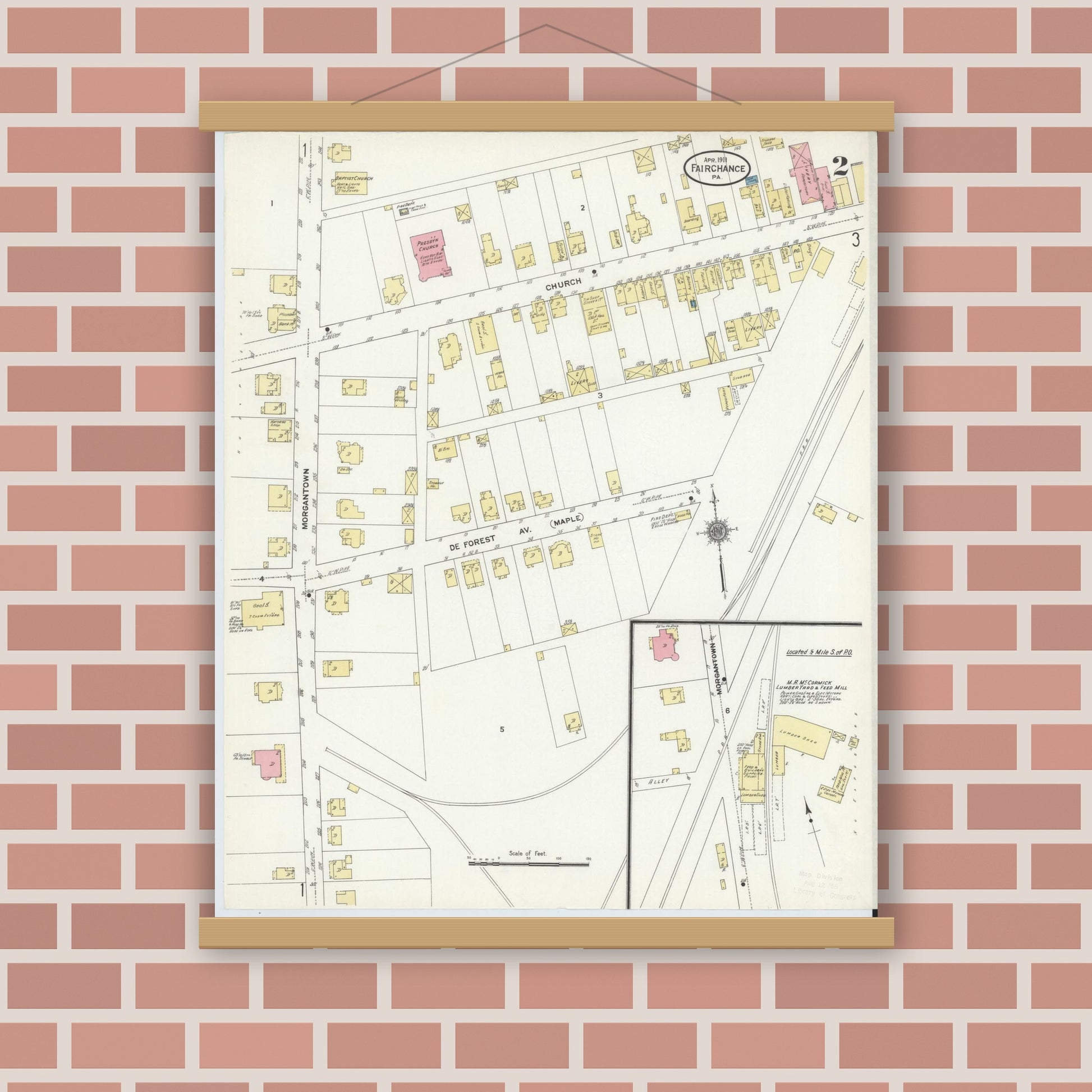 Old map wall art mockup — magnetic wood frame on brick wall — Sanborn Fire Insurance Map from Fairchange, Fayette County, Pennsylvania (1911), Sheet #0002