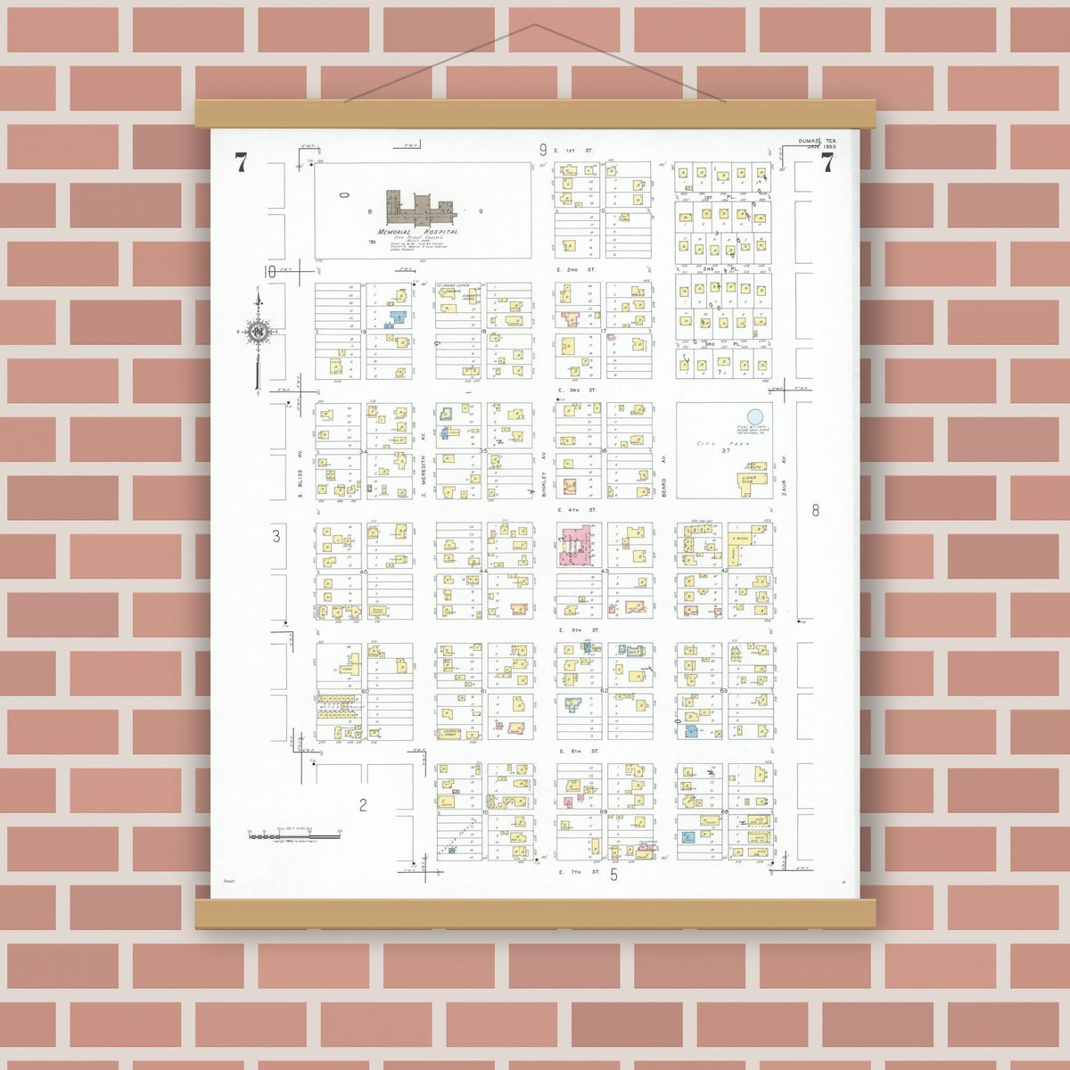 Old map wall art mockup — magnetic wood frame on brick wall — Sanborn Fire Insurance Map from Dumas, Moore County, Texas (1950), Sheet #0007