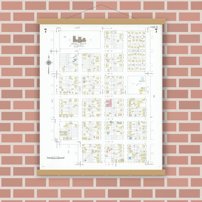 Old map wall art mockup — magnetic wood frame on brick wall — Sanborn Fire Insurance Map from Dumas, Moore County, Texas (1950), Sheet #0007