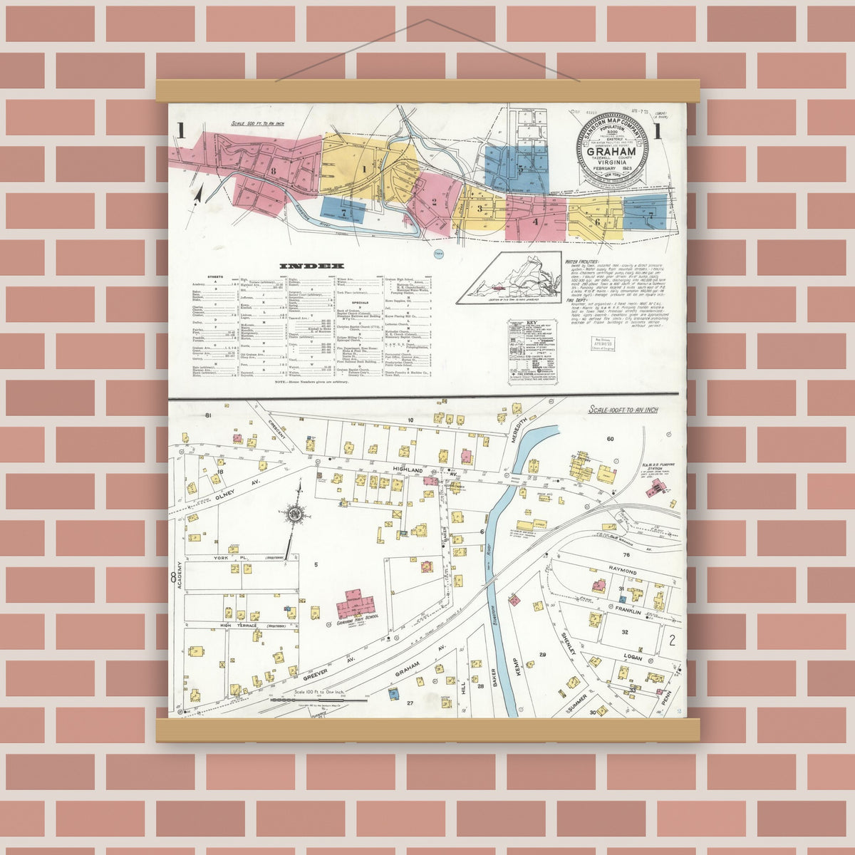 Old map wall art mockup — magnetic wood frame on brick wall — Sanborn Fire Insurance Map from Graham, Tazewell County, Virginia (1923) - Complete Map Set