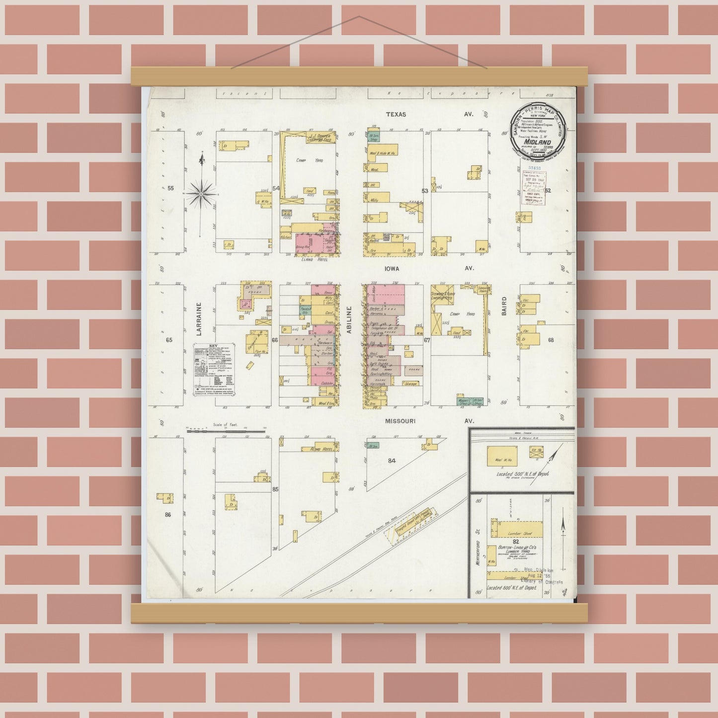 Old map wall art mockup — magnetic wood frame on brick wall — Sanborn Fire Insurance Map from Midland, Midland County, Texas (1900), Sheet #0001