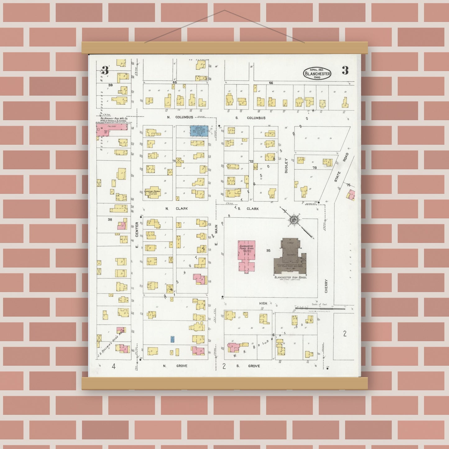 Old map wall art mockup — magnetic wood frame on brick wall — Sanborn Fire Insurance Map from Blanchester, Clinton County, Ohio (1925), Sheet #0003