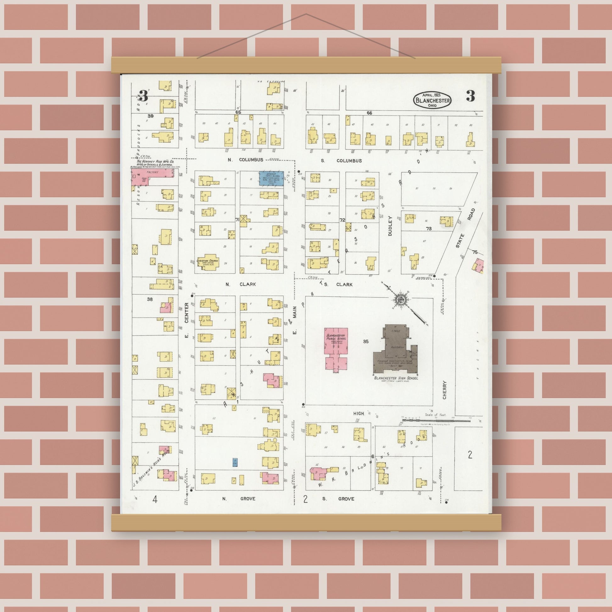Old map wall art mockup — magnetic wood frame on brick wall — Sanborn Fire Insurance Map from Blanchester, Clinton County, Ohio (1925), Sheet #0003