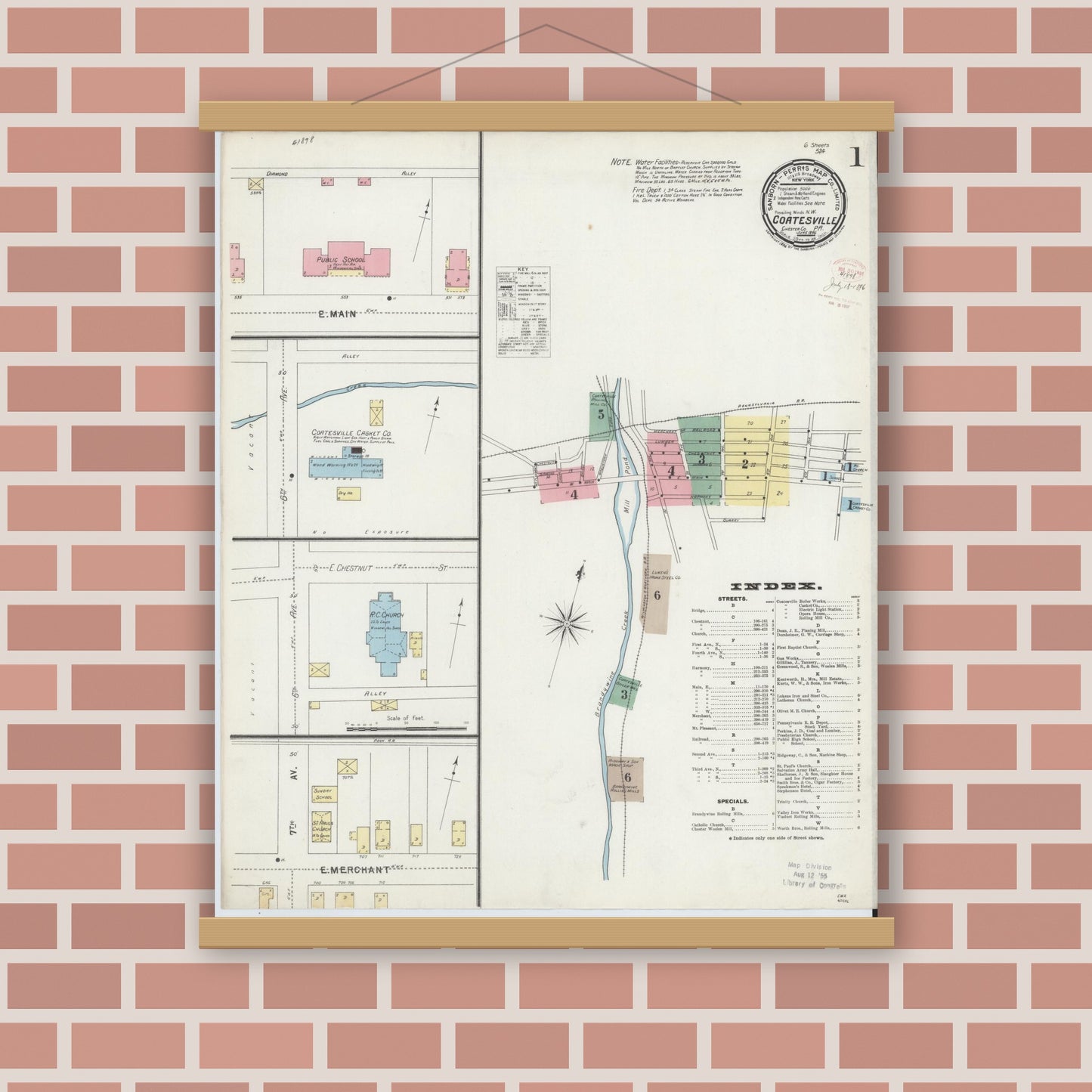 Old map wall art mockup — magnetic wood frame on brick wall — Sanborn Fire Insurance Map from Coatesville, Chester County, Pennsylvania (1896) - Complete Map Set