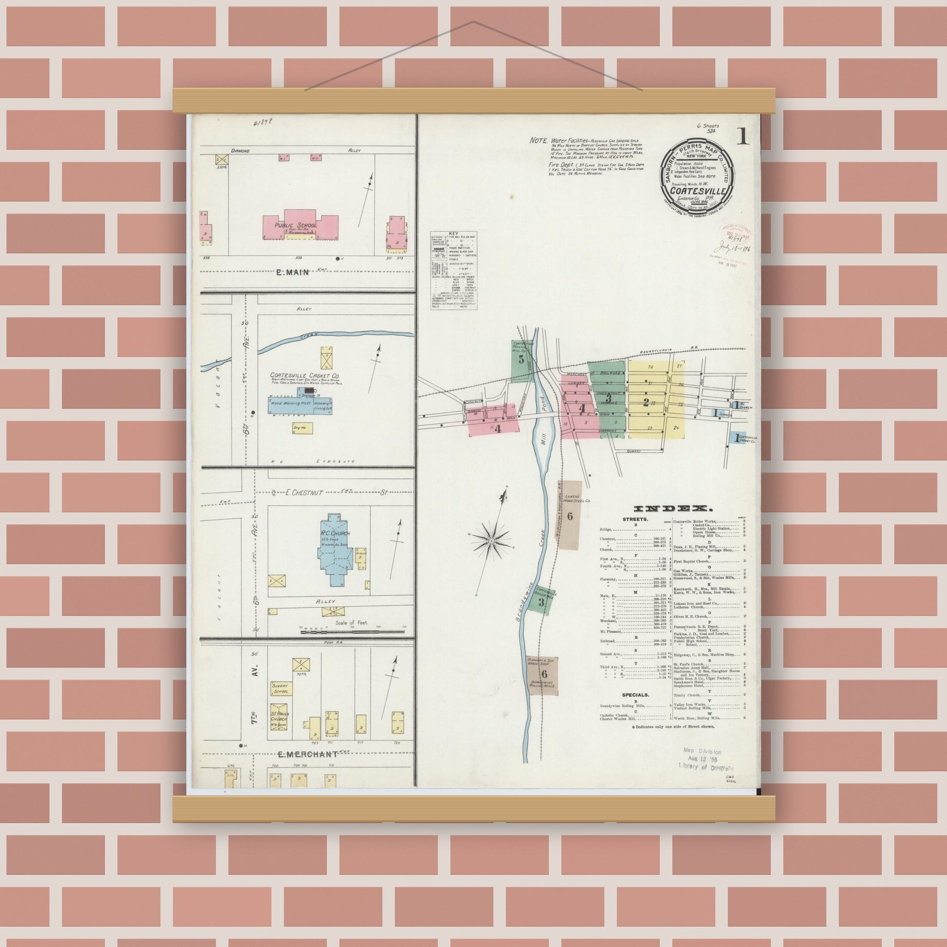 Old map wall art mockup — magnetic wood frame on brick wall — Sanborn Fire Insurance Map from Coatesville, Chester County, Pennsylvania (1896) - Complete Map Set