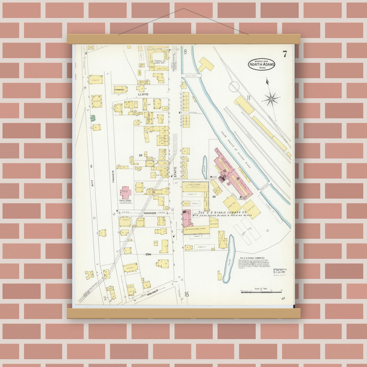 Old map wall art mockup — magnetic wood frame on brick wall — Sanborn Fire Insurance Map from North Adams, Berkshire County, Massachusetts (1908), Sheet #0007