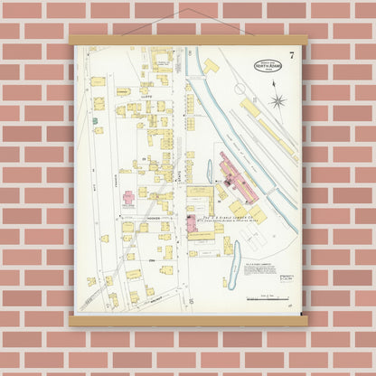 Old map wall art mockup — magnetic wood frame on brick wall — Sanborn Fire Insurance Map from North Adams, Berkshire County, Massachusetts (1908), Sheet #0007