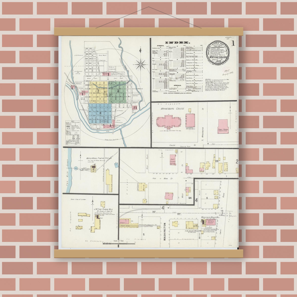 Old map wall art mockup — magnetic wood frame on brick wall — Sanborn Fire Insurance Map from Waynesburg, Greene County, Pennsylvania (1896), Sheet #0001