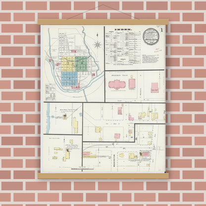 Old map wall art mockup — magnetic wood frame on brick wall — Sanborn Fire Insurance Map from Waynesburg, Greene County, Pennsylvania (1896), Sheet #0001